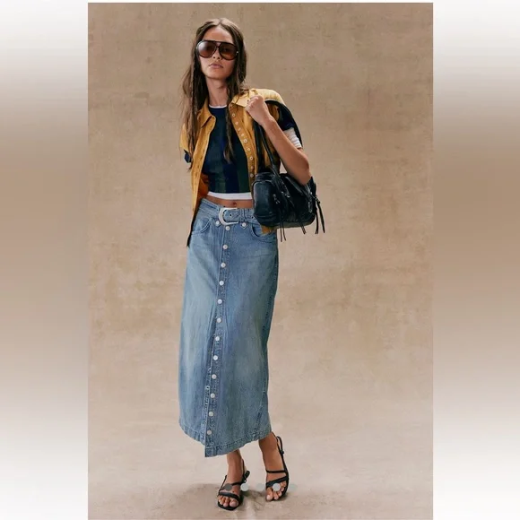 Free People Astoria Denim Maxi Skirt We The Free Belt Adjustable Dark Blue